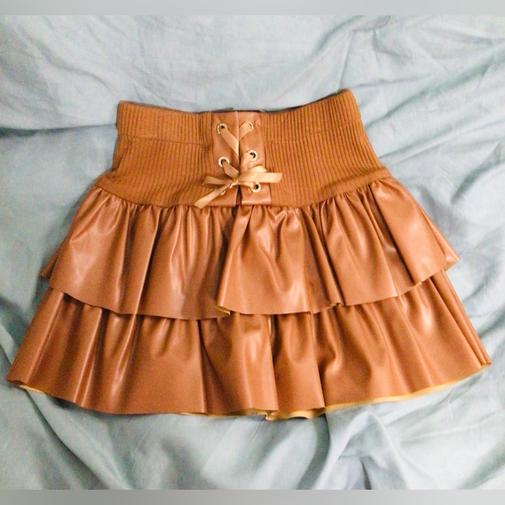 SHEIN Brown Tiered Faux Leather Skirt